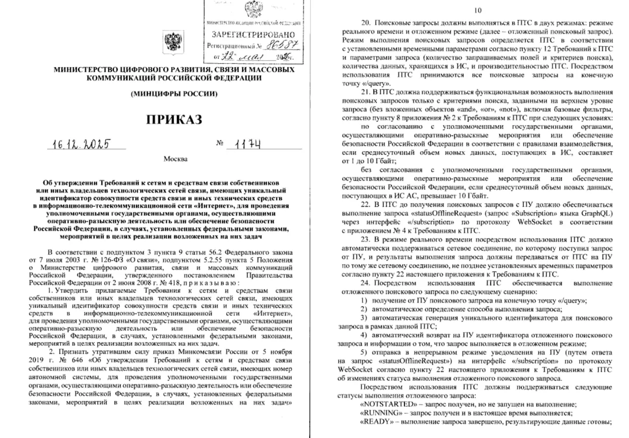 Приказ Минцифры №1174 обязывает операторов связи и владельцев сетей передавать властям IP, IMEI, логины, метаданные и при техвозможности — содержимое сообщений; норма вступает в силу 3 июня.