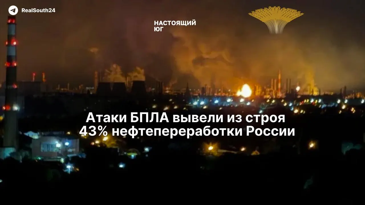 Систематические удары беспилотников вывели почти половину нефтеперерабатывающих мощностей страны и спровоцировали острый дефицит топлива; восстановление осложнено санкциями и дефицитом импортного оборудования.
