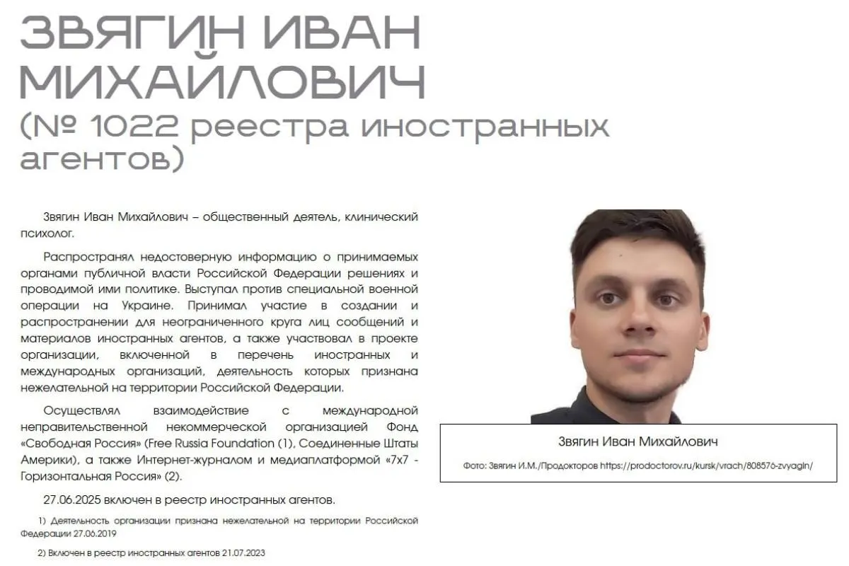 Иван Звягин подал в суд на Минюст РФ, утверждая, что публикация ведомства с «выставкой» иностранных агентов нарушила его честь, привела к профессиональной дискриминации и неуважительному обращению с персональными данными.