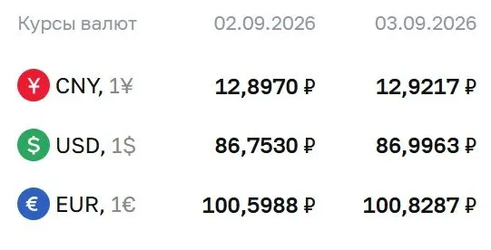 Доллар почти на 87 ₽, евро около 101 ₽; официальные курсы на 3 сентября и расчеты по инструментам от Центрального банка.